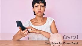  Presentation with money - PPT theme with beautiful-brunettte-woman-caculating-money background and a coral colored foreground