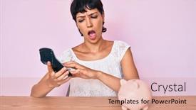  Presentation with money - Colorful presentation theme enhanced with beautiful-brunettte-woman-caculating-money backdrop and a coral colored foreground
