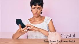  Presentation with money - PPT theme with beautiful-brunettte-woman-caculating-money background and a coral colored foreground