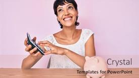  Presentation with money - Presentation design featuring beautiful-brunettte-woman-caculating-money background and a coral colored foreground