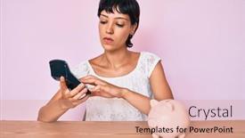  Presentation with money - PPT layouts having beautiful-brunettte-woman-caculating-money background and a coral colored foreground