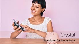  Presentation with money - Slide deck featuring beautiful-brunettte-woman-caculating-money background and a coral colored foreground