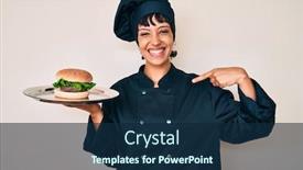  Presentation with chef - Beautiful presentation theme featuring beautiful-brunettte-woman-chef-holding backdrop and a navy blue colored foreground
