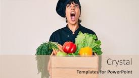  Presentation with chef - Colorful presentation theme enhanced with beautiful-brunettte-woman-chef-holding backdrop and a lemonade colored foreground
