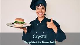  Presentation with chef - Cool new slide deck with beautiful-brunettte-woman-chef-holding backdrop and a navy blue colored foreground