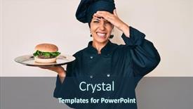  Presentation with chef - Presentation theme having beautiful-brunettte-woman-chef-holding background and a navy blue colored foreground