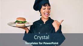  Presentation with chef - Presentation theme enhanced with beautiful-brunettte-woman-chef-holding background and a ocean colored foreground