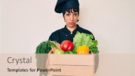  Presentation with chef - Audience pleasing slide deck consisting of beautiful-brunettte-woman-chef-holding backdrop and a lemonade colored foreground