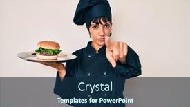  Presentation with chef - Audience pleasing slide deck consisting of beautiful-brunettte-woman-chef-holding backdrop and a navy blue colored foreground