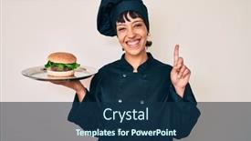  Presentation with chef - PPT theme featuring beautiful-brunettte-woman-chef-holding background and a navy blue colored foreground