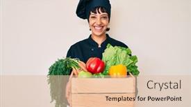  Presentation with chef - Cool new PPT layouts with beautiful-brunettte-woman-chef-holding backdrop and a lemonade colored foreground