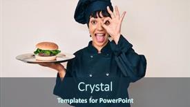  Presentation with chef - Colorful presentation design enhanced with beautiful-brunettte-woman-chef-holding backdrop and a navy blue colored foreground