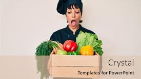  Presentation with chef - Beautiful presentation theme featuring beautiful-brunettte-woman-chef-holding backdrop and a lemonade colored foreground