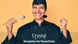  Presentation with chopsticks - PPT layouts with beautiful-brunettte-woman-chef-holding background and a navy blue colored foreground