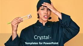  Presentation with chopsticks - Amazing slide set having beautiful-brunettte-woman-chef-holding backdrop and a navy blue colored foreground
