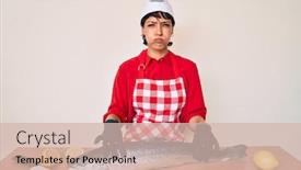  Presentation with puffing - Presentation design with beautiful-brunettte-woman-fishmonger-cooking background and a soft green colored foreground