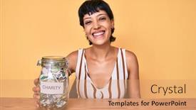  Presentation with charity - PPT theme having beautiful-brunettte-woman-holding-charity background and a coral colored foreground