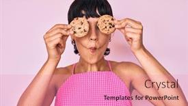  Presentation with chocolate - Presentation theme enhanced with beautiful-brunettte-woman-holding-chocolate background and a coral colored foreground