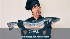  Presentation with salmon fish - PPT theme featuring beautiful-brunettte-woman-professional-chef background and a ocean colored foreground