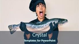  Presentation with salmon fish - Colorful slide set enhanced with beautiful-brunettte-woman-professional-chef backdrop and a ocean colored foreground