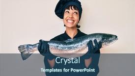  Presentation with salmon fish - PPT theme enhanced with beautiful-brunettte-woman-professional-chef background and a ocean colored foreground