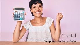  Presentation with calculator - Colorful presentation enhanced with beautiful-brunettte-woman-showing-calculator backdrop and a coral colored foreground