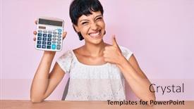  Presentation with calculator - Cool new PPT theme with beautiful-brunettte-woman-showing-calculator backdrop and a coral colored foreground