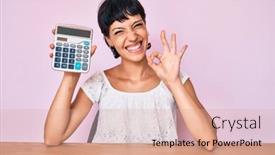  Presentation with calculator - Audience pleasing slide set consisting of beautiful-brunettte-woman-showing-calculator backdrop and a coral colored foreground