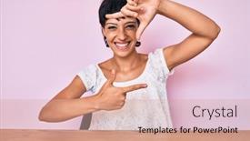  Presentation with frame pink - Cool new PPT theme with beautiful-brunettte-woman-wearing-casual backdrop and a coral colored foreground