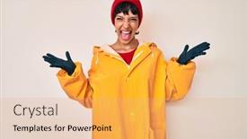  Presentation with yellow - Presentation theme featuring beautiful-brunettte-woman-wearing-yellow background and a coral colored foreground