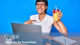  Presentation with office fruit - Presentation theme with beautiful-brunettte-woman-working background and a ocean colored foreground