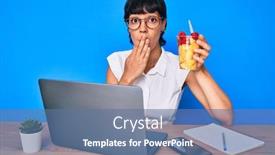  Presentation with office fruit - Colorful presentation design enhanced with beautiful-brunettte-woman-working backdrop and a ocean colored foreground