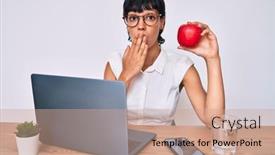  Presentation with healthy office - Colorful PPT theme enhanced with beautiful-brunettte-woman-working backdrop and a coral colored foreground