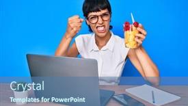  Presentation with office fruit - Colorful PPT theme enhanced with beautiful-brunettte-woman-working backdrop and a ocean colored foreground