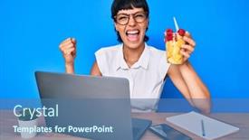  Presentation with office fruit - Audience pleasing slide deck consisting of beautiful-brunettte-woman-working backdrop and a ocean colored foreground