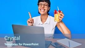  Presentation with office fruit - Presentation design consisting of beautiful-brunettte-woman-working background and a ocean colored foreground