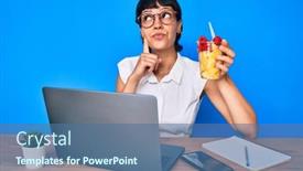  Presentation with office fruit - Cool new presentation theme with beautiful-brunettte-woman-working backdrop and a ocean colored foreground