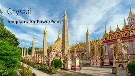  Presentation with vedic ancient buddhist text - Presentation design featuring beautiful-buddhist-pagoda-thanboddhay-phaya background and a light blue colored foreground