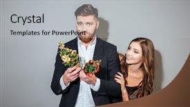  Presentation with christmas party - Presentation theme featuring beautiful business couple in smart wear having christmas party over gray background background and a light gray colored foreground