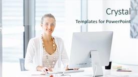  Presentation with office desk reception - Colorful PPT theme enhanced with beautiful business monitors modern business background - attractive office worker sitting backdrop and a sky blue colored foreground