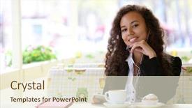  Presentation with lunch - Presentation design with beautiful business woman has lunch in the restaurant background and a cream colored foreground