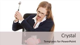  Presentation with woman piggy bank isolated - Audience pleasing slide set consisting of beautiful business woman is trying to destroy piggy bank with hammer isolated on white backdrop and a light gray colored foreground