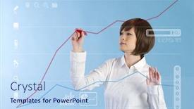  Presentation with touch screen - Slide set enhanced with beautiful business woman pushing touch screen background and a light blue colored foreground