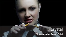  Presentation with black business - Audience pleasing slide set consisting of beautiful business woman wearing black tie and white shirt isolated on black background holding broken pencil backdrop and a dark gray colored foreground