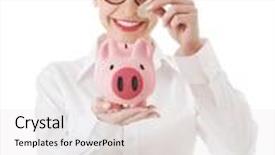  Presentation with woman piggy bank isolated - Presentation featuring beautiful-business-woman-with-coin background and a sky blue colored foreground