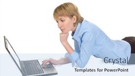 Presentation with laptop - PPT theme with beautiful-business-woman-with-laptop background and a light blue colored foreground