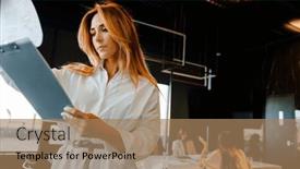  Presentation with working - Slide set consisting of beautiful-business-woman-working background and a coral colored foreground