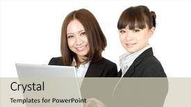  Presentation with team working together - Theme having beautiful business women working in team together on laptop computer portrait of asian woman background and a soft green colored foreground