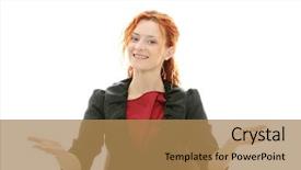  Presentation with desk - PPT theme enhanced with beautiful businesswoman behind the desk background and a  colored foreground