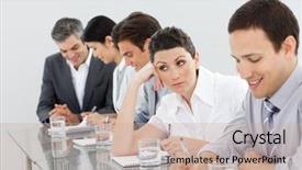  Presentation with team - Audience pleasing presentation theme consisting of beautiful businesswoman bored at a presentation with her team backdrop and a soft green colored foreground